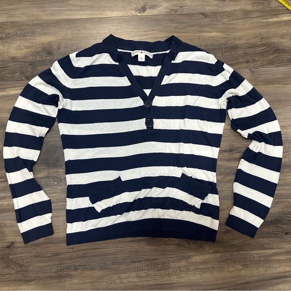 Tommy Hilfiger Y2K Blue and White V-Neck Sweater With Pockets - Picture 1 of 5